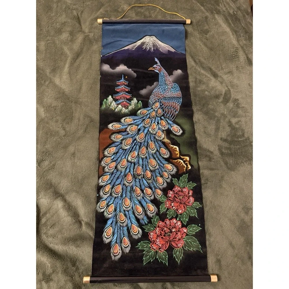 Vintage Japanese Velvet Wall Scrolls Mt. Fuji Tiger Samurai Peacock Geisha